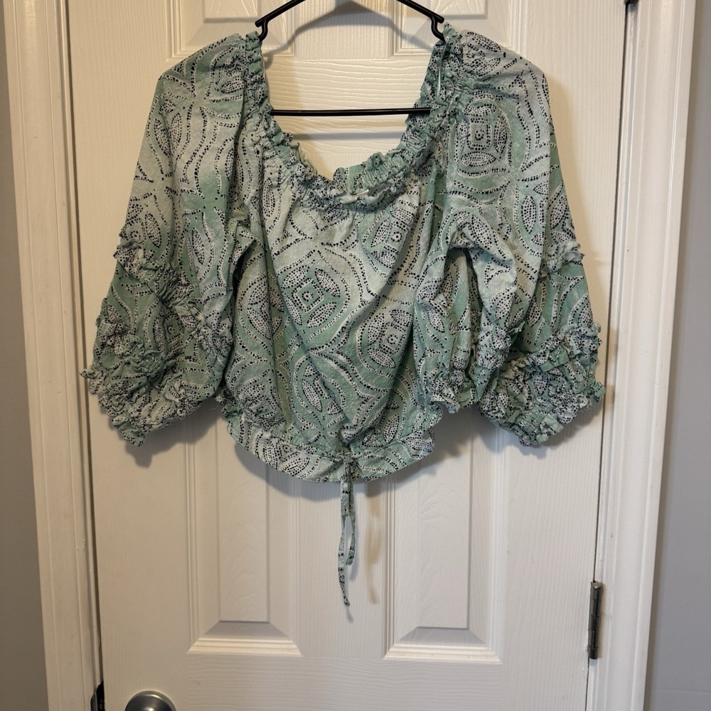 Lauren Conrad Womens Top Size L Teal Floral Off Shoulder Puff Sleeve Crop Blouse